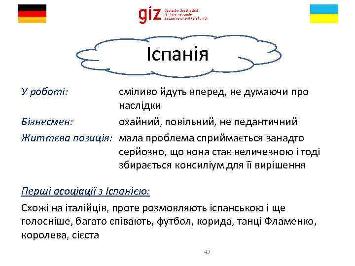 Іспанія У роботі: сміливо йдуть вперед, не думаючи про наслідки Бізнесмен: охайний, повільний, не