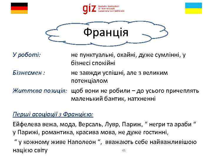 Франція У роботі: не пунктуальні, охайні, дуже сумлінні, у бізнесі спокійні Бізнесмен : не