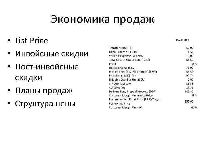 Экономика продаж • List Price • Инвойсные скидки • Пост-инвойсные скидки • Планы продаж