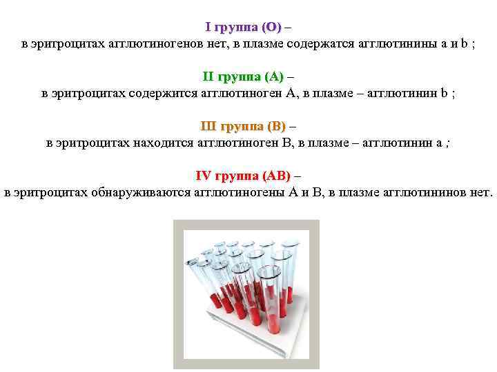 I группа (О) – I группа (О) в эритроцитах агглютиногенов нет, в плазме содержатся