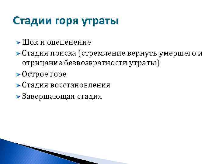 Стадии горя утраты Шок и оцепенение Стадия поиска (стремление вернуть умершего и отрицание безвозвратности