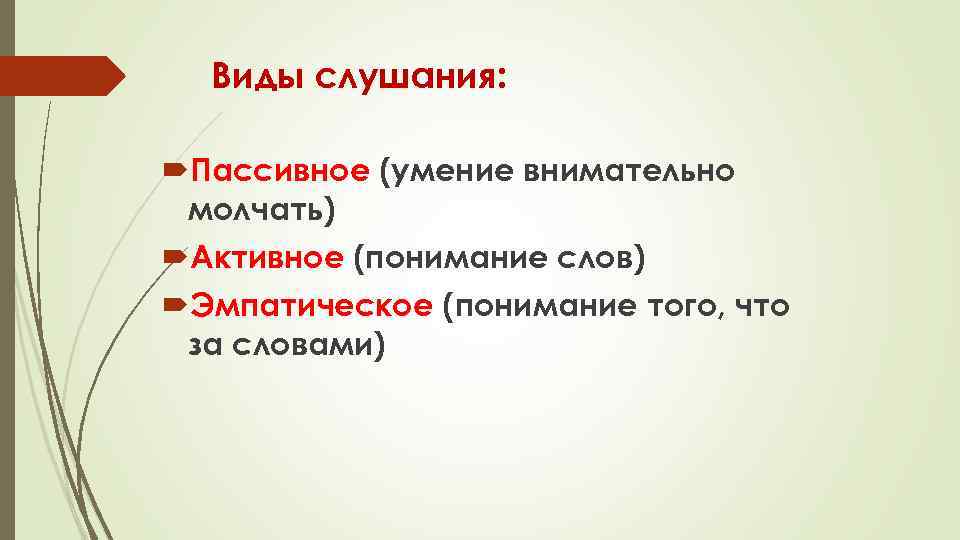 Виды слушания: Пассивное (умение внимательно молчать) Активное (понимание слов) Эмпатическое (понимание того, что за