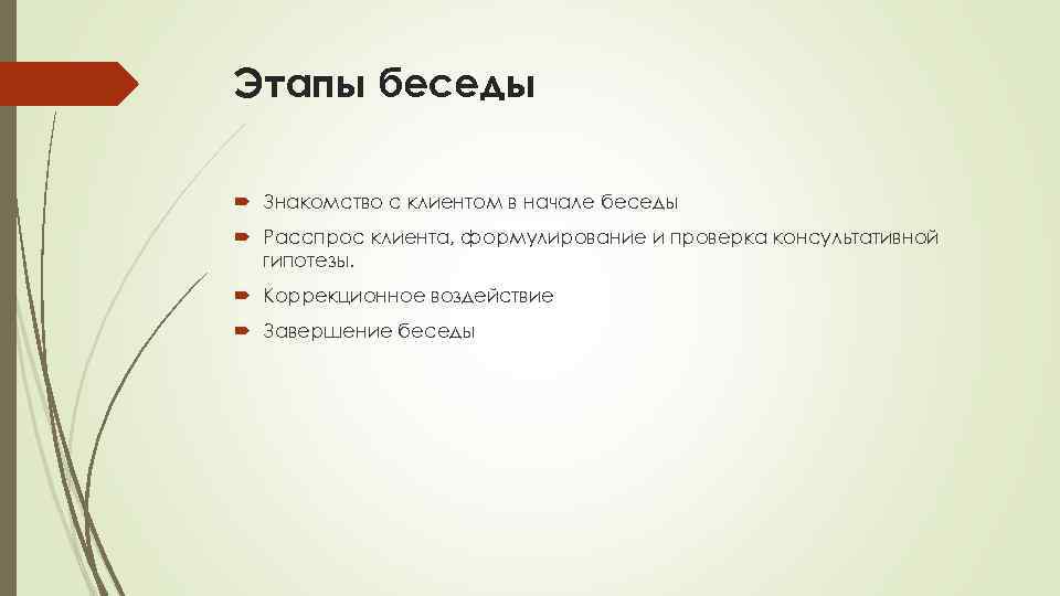 Этапы беседы Знакомство с клиентом в начале беседы Расспрос клиента, формулирование и проверка консультативной