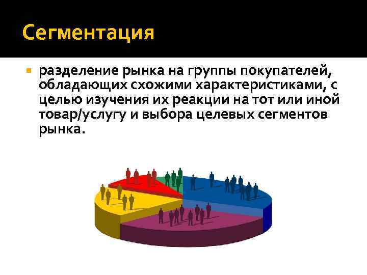 Сегментация разделение рынка на группы покупателей, обладающих схожими характеристиками, с целью изучения их реакции