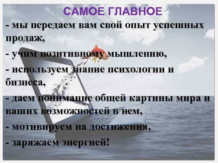 САМОЕ ГЛАВНОЕ - мы передаем вам свой опыт успешных продаж, - учим позитивному мышлению,