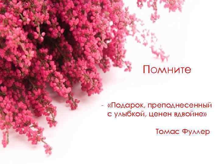 Екатерина Нелюбина Помните - «Подарок, преподнесенный с улыбкой, ценен вдвойне» Томас Фуллер 