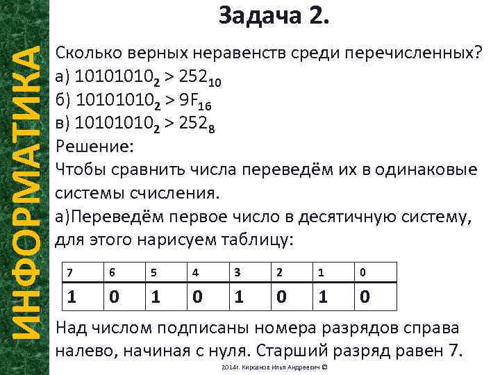 ИНФОРМАТИКА Задача 2. Сколько верных неравенств среди перечисленных? а) 10102 > 25210 б) 10102