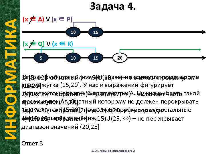 ИНФОРМАТИКА Задача 4. (x ∈ A) V (x ∈ P) 10 15 (x ∈