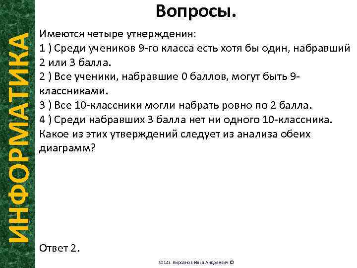 ИНФОРМАТИКА Вопросы. Имеются четыре утверждения: 1 ) Среди учеников 9 -го класса есть хотя