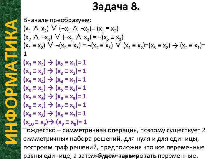 ИНФОРМАТИКА Задача 8. Вначале преобразуем: (x 1 ∧ x 2) ∨ (¬x 1 ∧