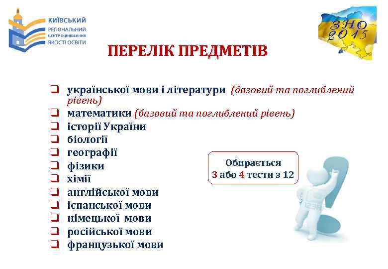 ПЕРЕЛІК ПРЕДМЕТІВ q української мови і літератури (базовий та поглиблений рівень) q математики (базовий