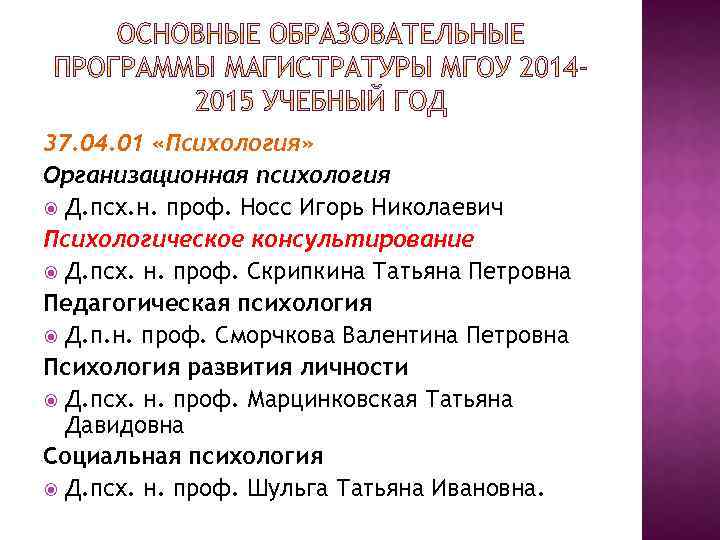 37. 04. 01 «Психология» Организационная психология Д. псх. н. проф. Носс Игорь Николаевич Психологическое