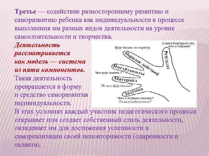 Третье — содействие разностороннему развитию и саморазвитию ребенка как индивидуальности в процессе выполнения им