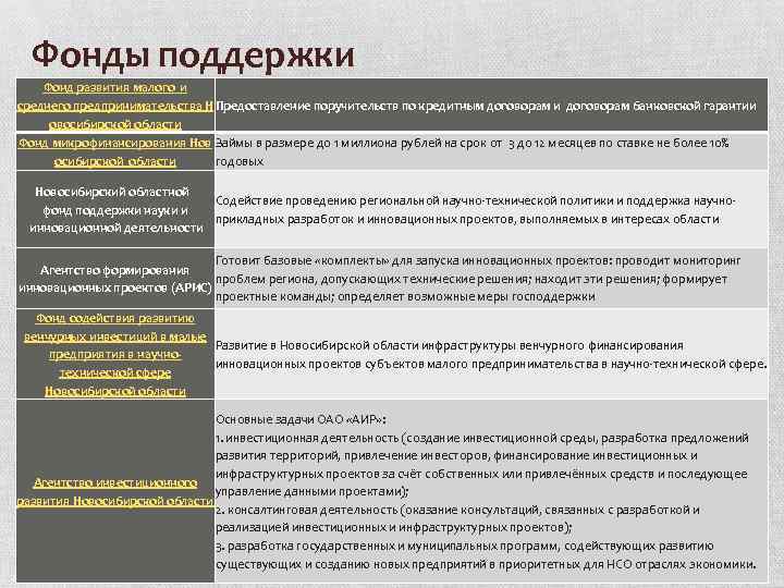 Фонды поддержки Фонд развития малого и среднего предпринимательства Н Предоставление поручительств по кредитным договорам