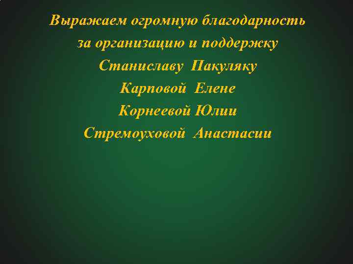 Выражаем огромную благодарность за организацию и поддержку Станиславу Пакуляку Карповой Елене Корнеевой Юлии Стремоуховой