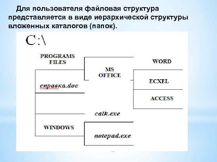 Для пользователя файловая структура представляется в виде иерархической структуры вложенных каталогов (папок). 12 
