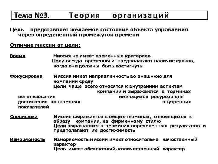 Тема № 3. Теория организаций Цель представляет желаемое состояние объекта управления через определенный промежуток