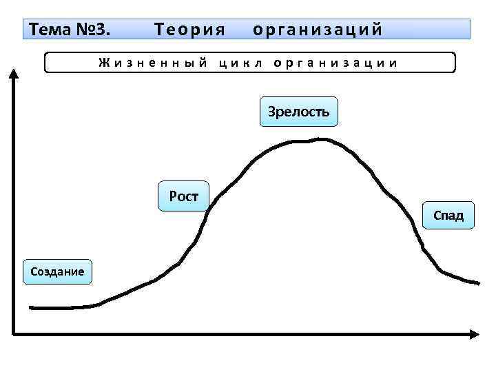 Тема № 3. Теория организаций Жизненный цикл организации Зрелость Рост Спад Создание 