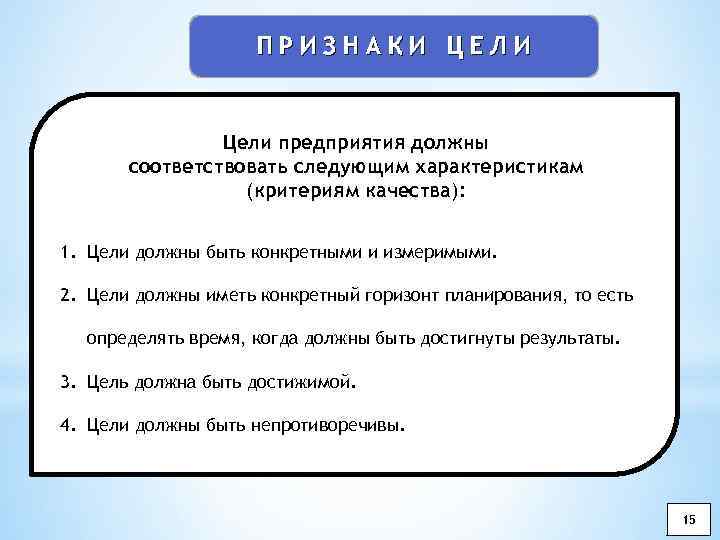 ПРИЗНАКИ ЦЕЛИ Цели предприятия должны соответствовать следующим характеристикам (критериям качества): 1. Цели должны быть