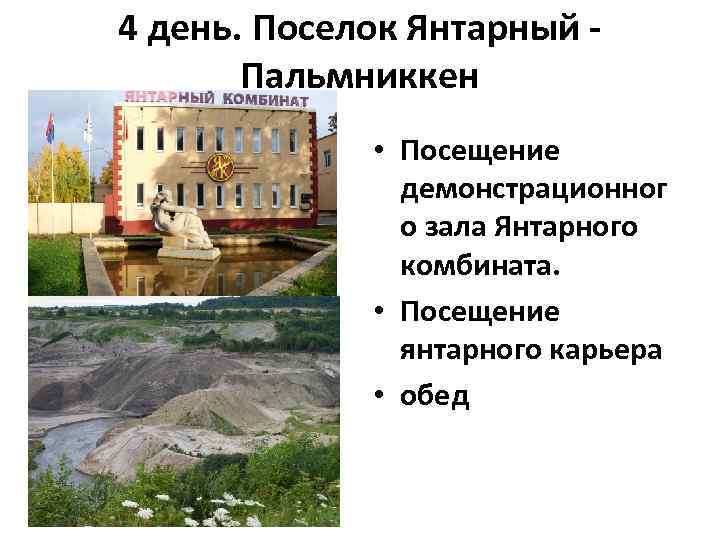 4 день. Поселок Янтарный - Пальмниккен • Посещение демонстрационног о зала Янтарного комбината. •