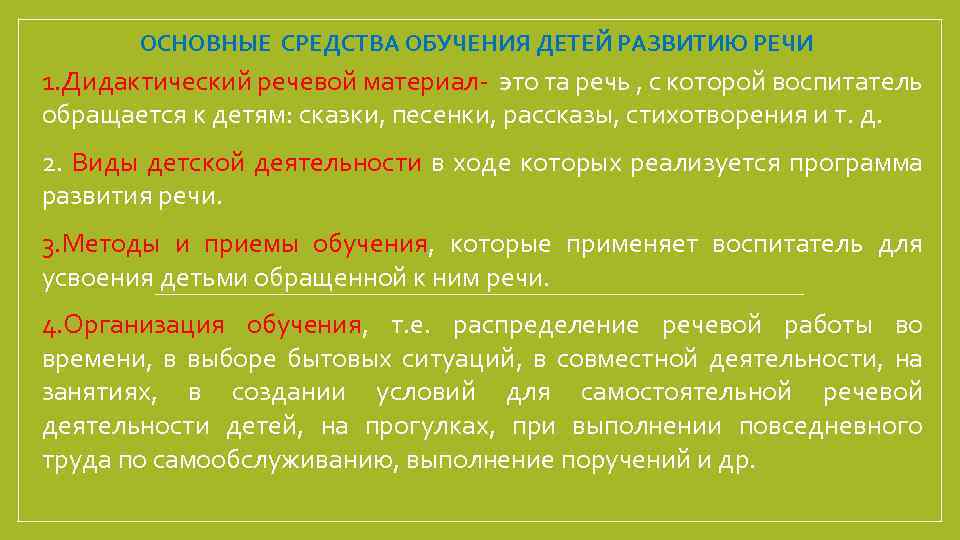 ОСНОВНЫЕ СРЕДСТВА ОБУЧЕНИЯ ДЕТЕЙ РАЗВИТИЮ РЕЧИ 1. Дидактический речевой материал- это та речь ,