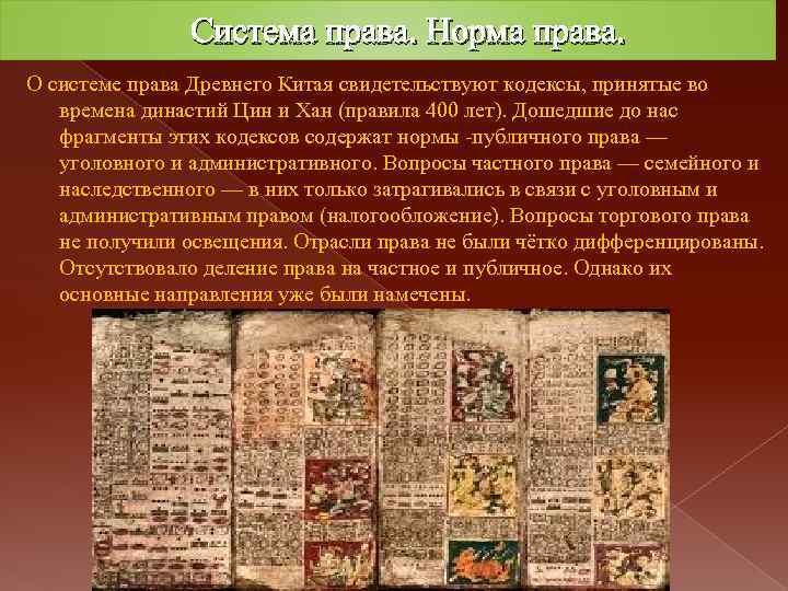 Система права. Норма права. О системе права Древнего Китая свидетельствуют кодексы, принятые во времена