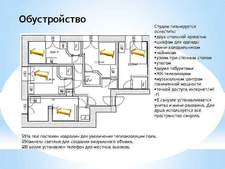 Обустройство Студию планируется оснастить: двух-спальной кроватью шкафом для одежды мини-холодильником чайником узким при-стенным столом