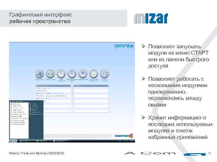 Графический интерфейс рабочее пространство Ø Позволяет запускать модули из меню СТАРТ или из панели