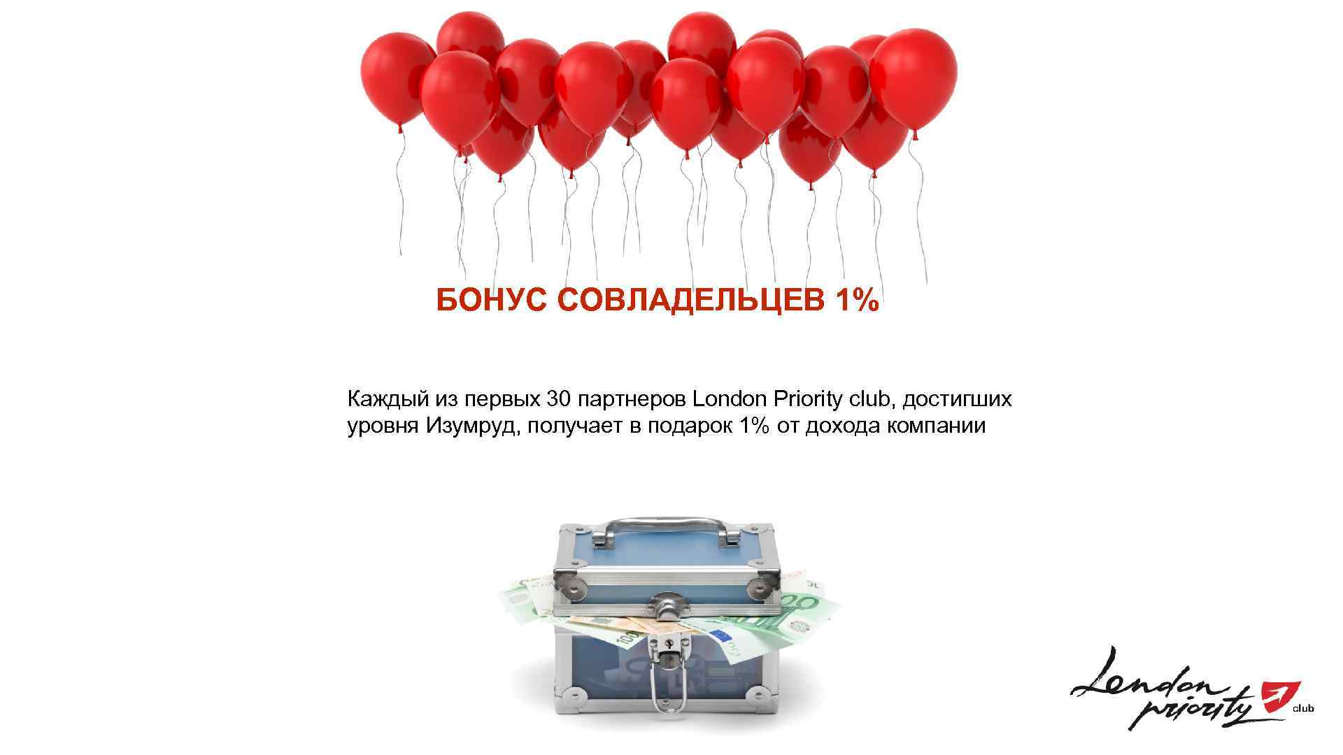 БОНУС СОВЛАДЕЛЬЦЕВ 1% Каждый из первых 30 партнеров London Priority club, достигших уровня Изумруд,