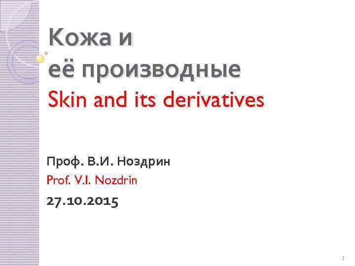 Кожа и её производные Skin and its derivatives Проф. В. И. Ноздрин Prof. V.