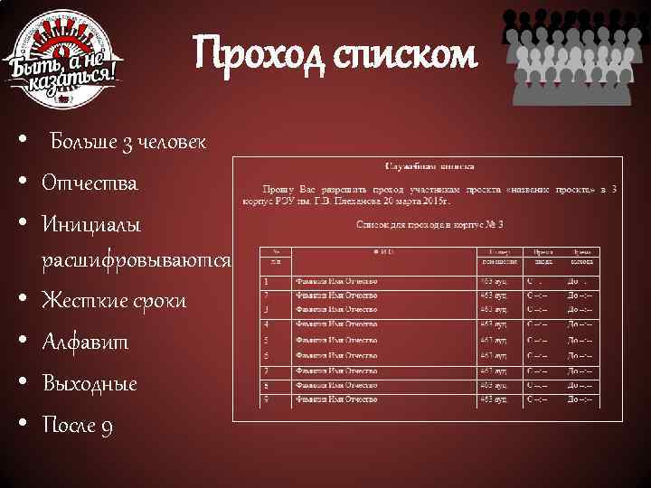 Проход списком • Больше 3 человек • Отчества • Инициалы расшифровываются • Жесткие сроки