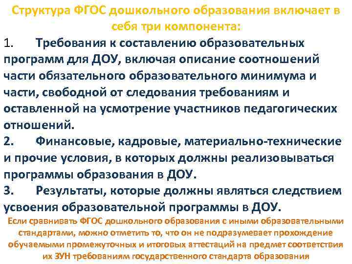 Структура ФГОС дошкольного образования включает в себя три компонента: 1. Требования к составлению образовательных