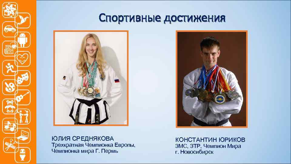 Спортивные достижения ЮЛИЯ СРЕДНЯКОВА Трехкратная Чемпионка Европы, Чемпионка мира Г. Пермь КОНСТАНТИН ЮРИКОВ ЗМС,