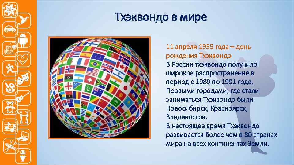 Тхэквондо в мире 11 апреля 1955 года – день рождения Тхэквондо В России тхэквондо
