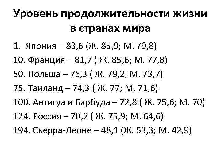 Уровень продолжительности жизни в странах мира 1. Япония – 83, 6 (Ж. 85, 9;