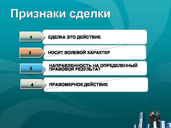 Признаки сделки 1 СДЕЛКА ЭТО ДЕЙСТВИЕ 2 НОСИТ ВОЛЕВОЙ ХАРАКТЕР 3 НАПРАВЛЕННОСТЬ НА ОПРЕДЕЛЕННЫЙ