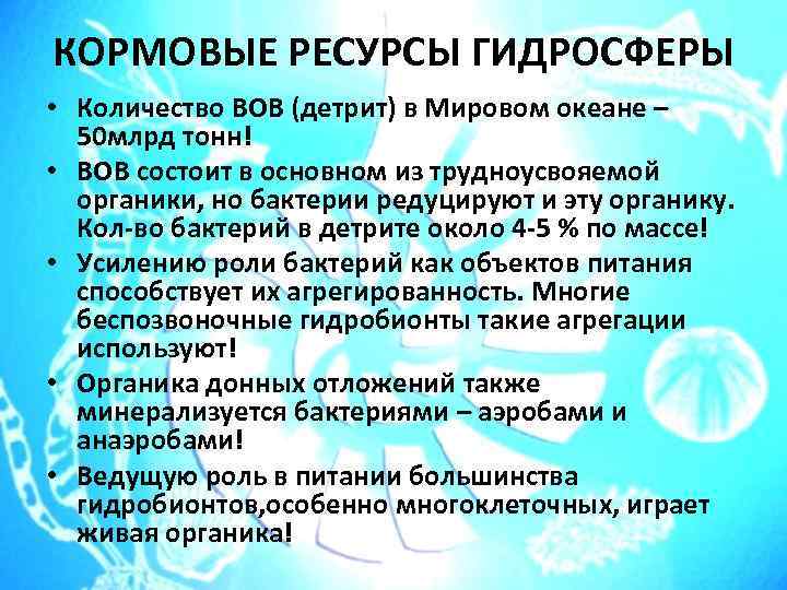 КОРМОВЫЕ РЕСУРСЫ ГИДРОСФЕРЫ • Количество ВОВ (детрит) в Мировом океане – 50 млрд тонн!