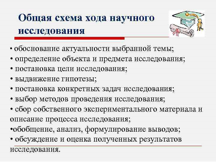 Общая схема хода научного исследования • обоснование актуальности выбранной темы; • определение объекта и