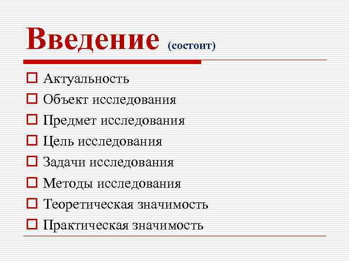 Введение o o o o (состоит) Актуальность Объект исследования Предмет исследования Цель исследования Задачи