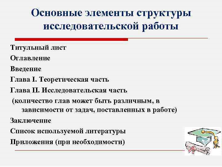 Основные элементы структуры исследовательской работы Титульный лист Оглавление Введение Глава I. Теоретическая часть Глава