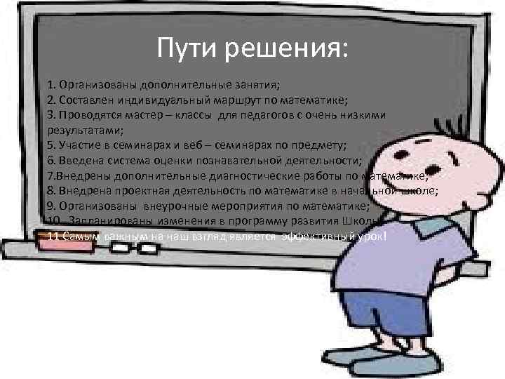 Пути решения: 1. Организованы дополнительные занятия; 2. Составлен индивидуальный маршрут по математике; 3. Проводятся