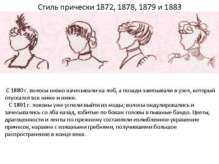 Стиль прически 1872, 1878, 1879 и 1883 С 1880 г. волосы низко начесывали на