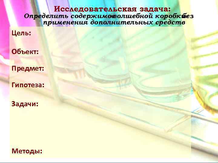 Исследовательская задача: Определить содержимое «волшебной коробки» без применения дополнительных средств Цель: Объект: Предмет: Гипотеза: