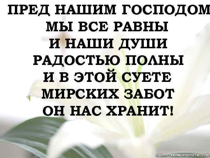 ПРЕД НАШИМ ГОСПОДОМ МЫ ВСЕ РАВНЫ И НАШИ ДУШИ РАДОСТЬЮ ПОЛНЫ И В ЭТОЙ