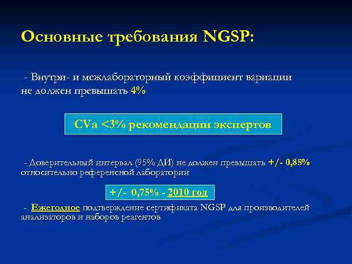 Основные требования NGSP: - Внутри- и межлабораторный коэффициент вариации не должен превышать 4% CVa