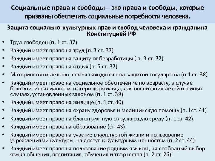 Социальные права и свободы – это права и свободы, которые призваны обеспечить социальные потребности
