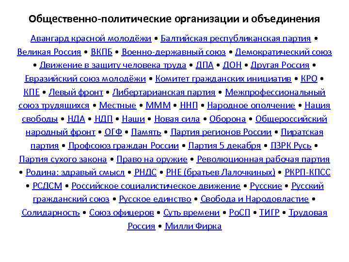 Общественно-политические организации и объединения Авангард красной молодёжи • Балтийская республиканская партия • Великая Россия