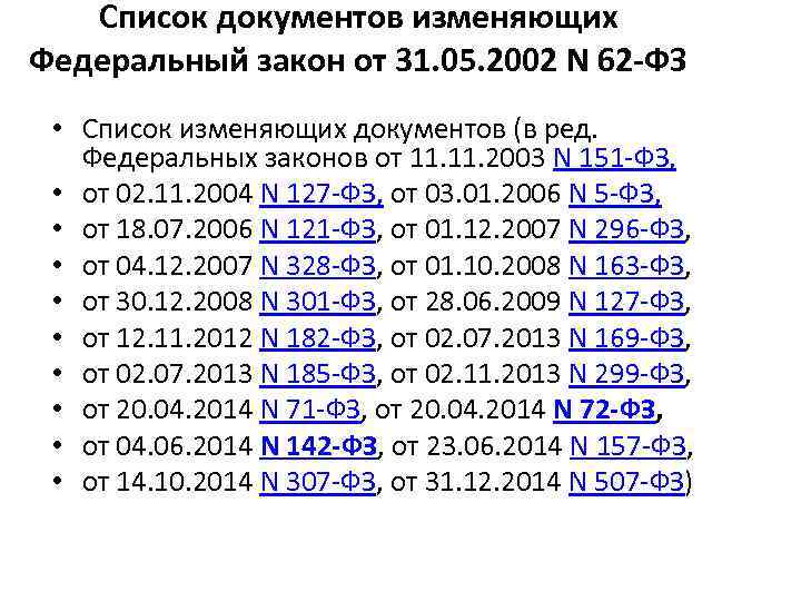 Список документов изменяющих Федеральный закон от 31. 05. 2002 N 62 -ФЗ • Список