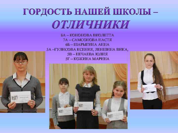 8 А – КОНОНОВА ВИОЛЕТТА 7 А – САМСОНОВА НАСТЯ 6 Б – ШАРЫГИНА