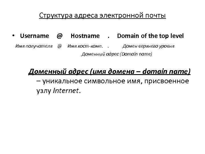 Структура адреса электронной почты • Username @ Имя получателя @ Hostname . Имя хост-комп.